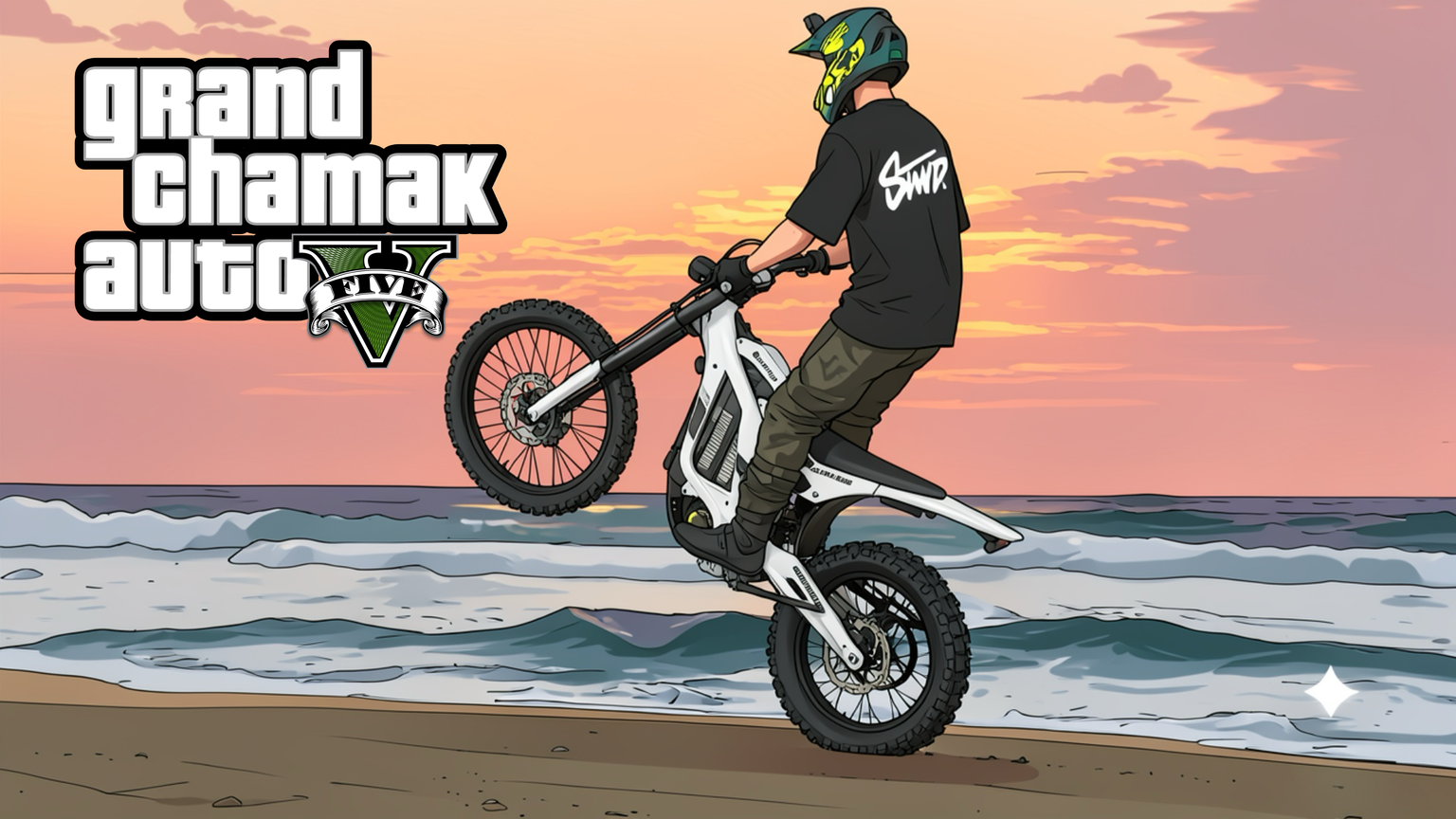 Grand Chamak Auto V rider performing a wheelie by the beach