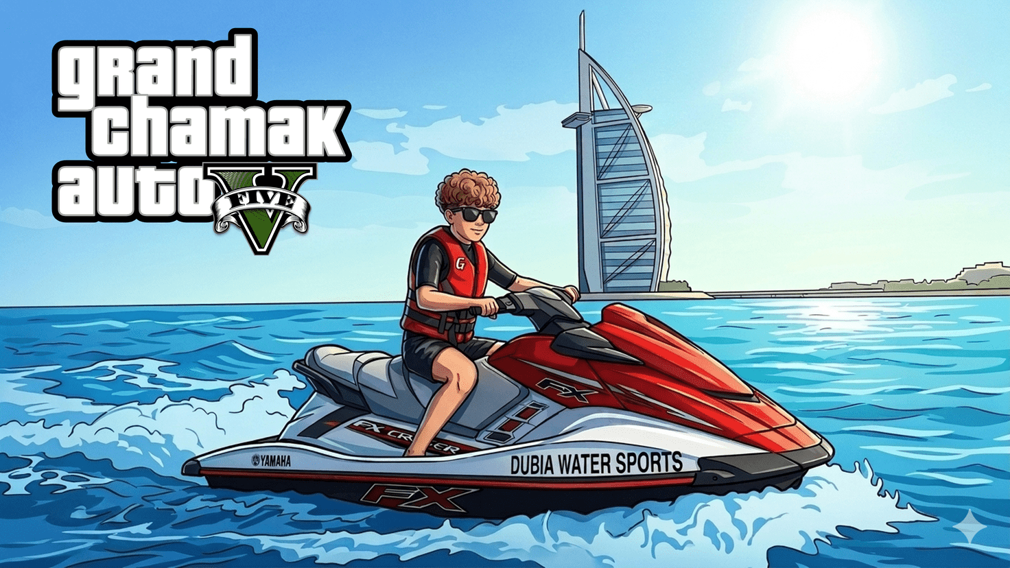 Grand Chamak Auto V jet ski scene near Burj Al Arab