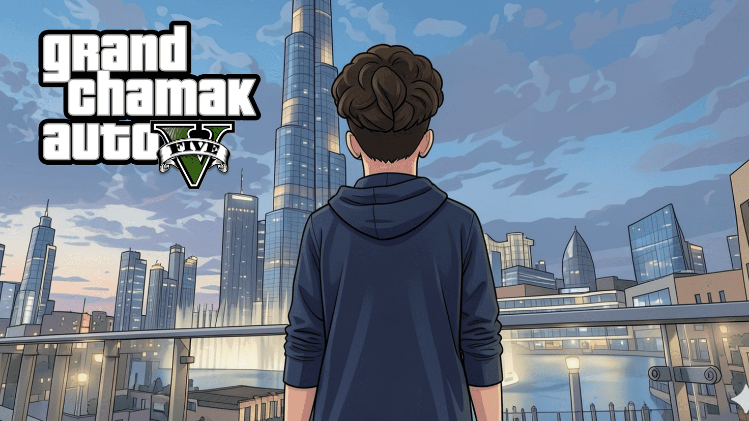 Grand Chamak Auto V character looking across the Dubai skyline