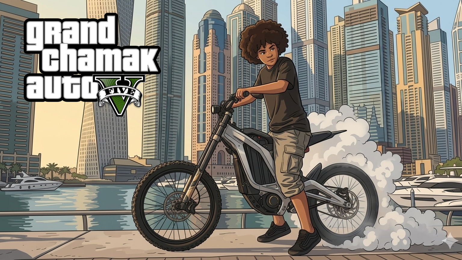 Grand Chamak Auto V bike scene at Dubai Marina